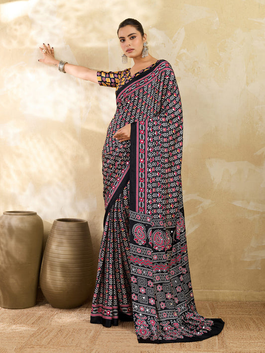 Black Ajrakh Print Mirror Saree | Modal Satin