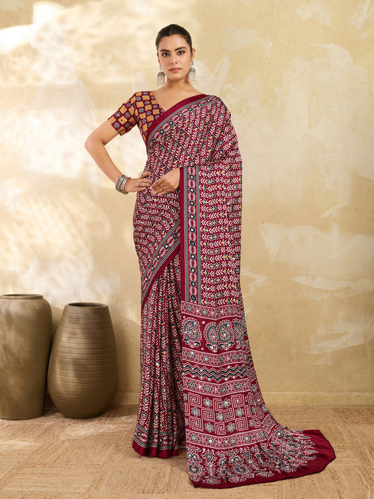 Maroon Ajrakh Print Mirror Saree
