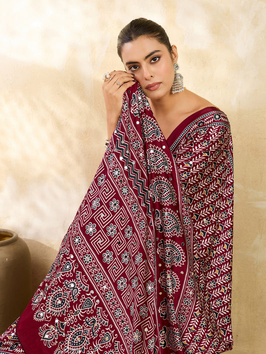 Maroon Ajrakh Print Mirror Saree