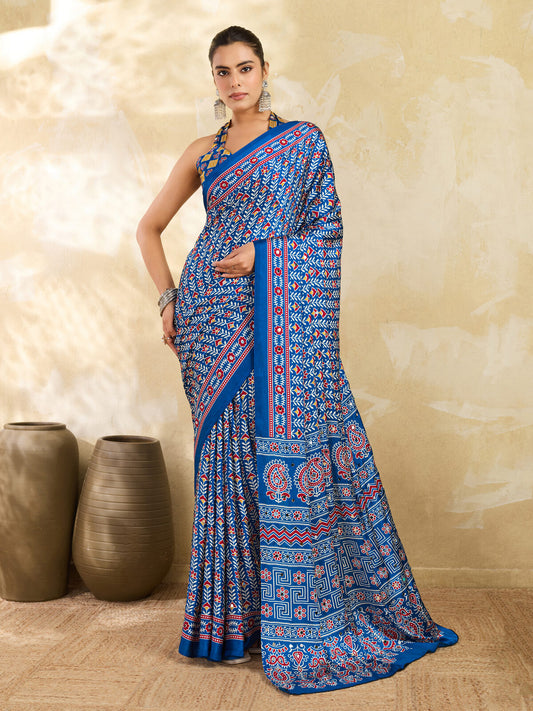 Royal Blue Ajrakh Print Mirror Saree