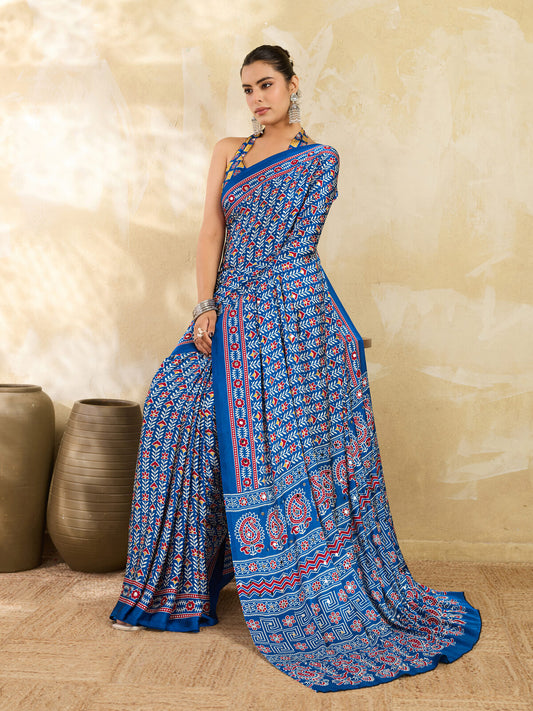 Royal Blue Ajrakh Print Mirror Saree