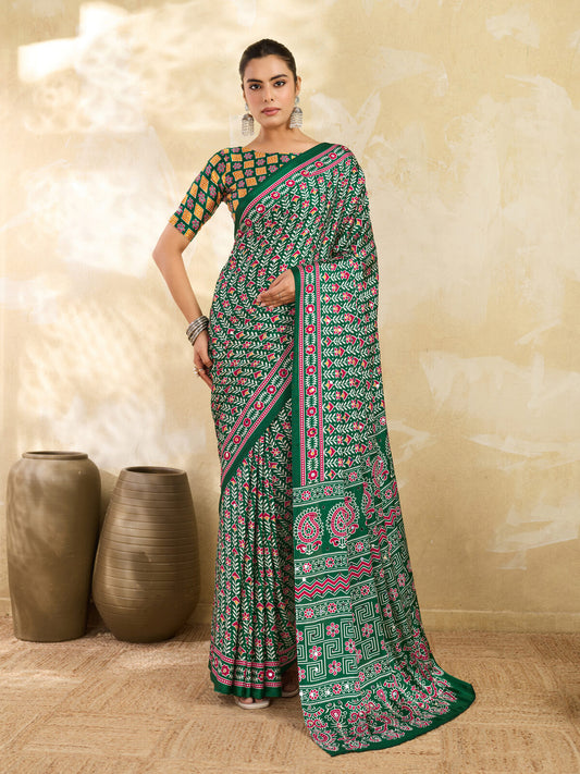 Green Ajrakh Print Mirror Saree