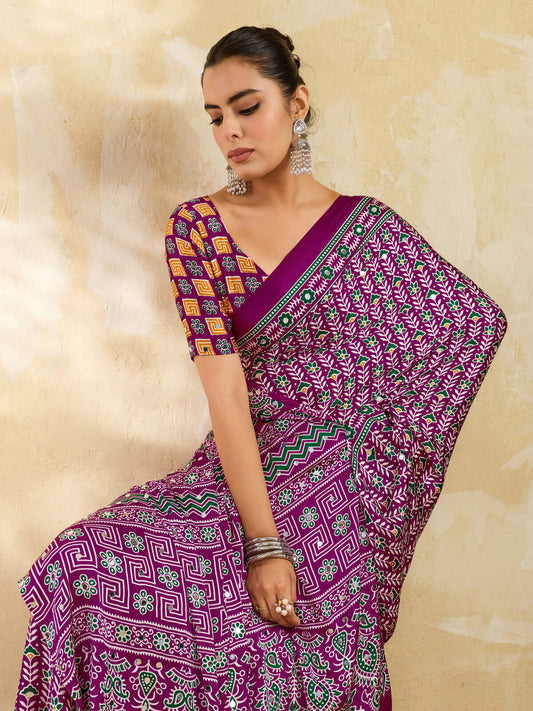 Purple Ajrakh Print Mirror Work Saree