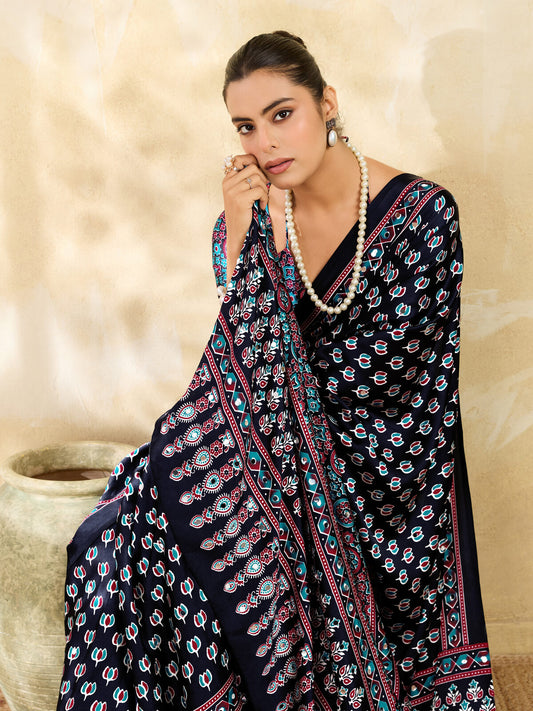 Navy Blue Ajrakh Print Mirror Work Modal Satin Saree