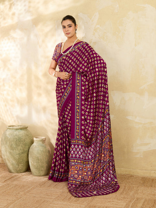 Plum Ajrakh Print Mirror Work Modal Satin Saree