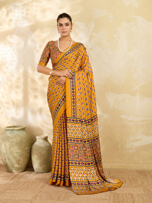 Golden Yellow Ajrakh Print Mirror Work Modal Satin Saree