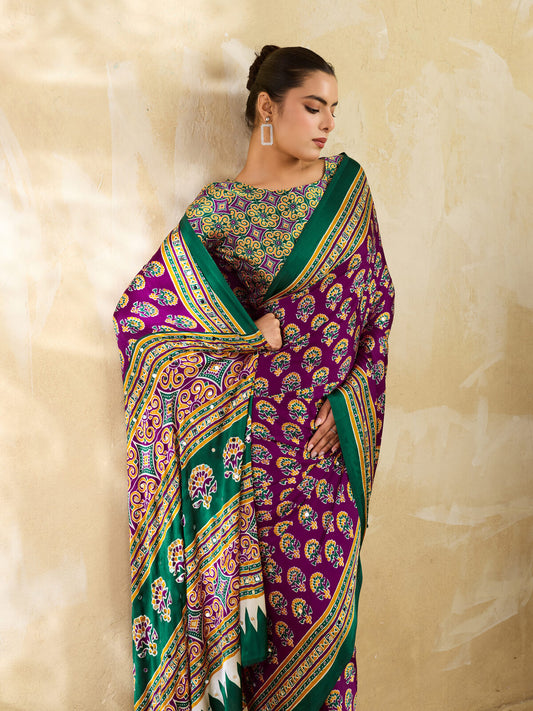 Berry Purple Ajrakh Print Mirror Work Modal Satin Saree