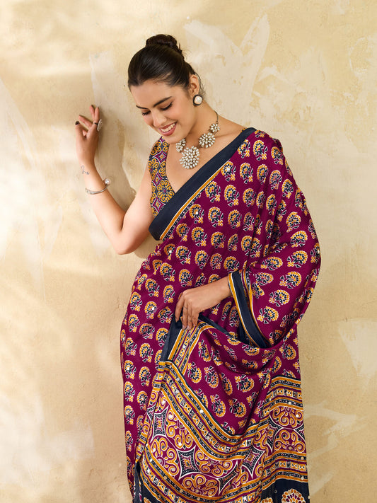 Magenta Ajrakh Print Mirror Work Modal Satin Saree