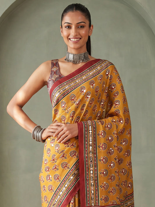 Mustard Yellow Ajrakh Print & Mirror Work Satin Saree