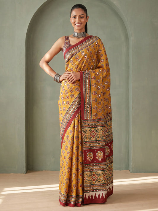 Mustard Yellow Ajrakh Print & Mirror Work Satin Saree