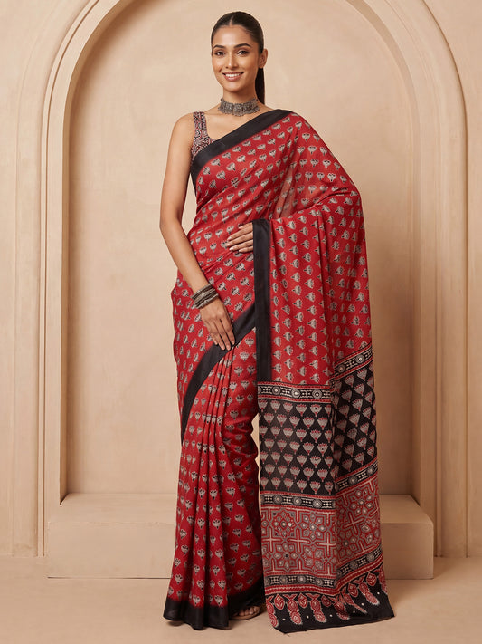 Crimson Red Ajrakh Print & Mirror Work Satin Saree