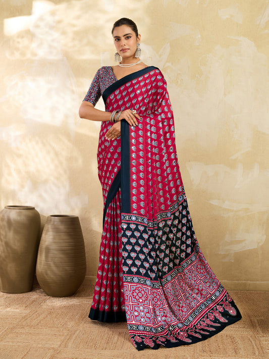 Rani Pink Ajrakh Print Mirror Saree