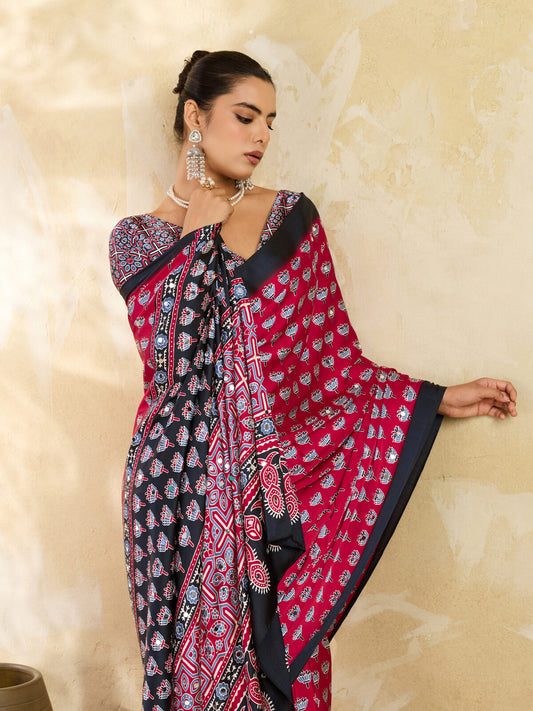 Rani Pink Ajrakh Print Mirror Saree