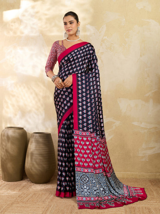 Navy Blue Ajrakh Print Mirror Saree