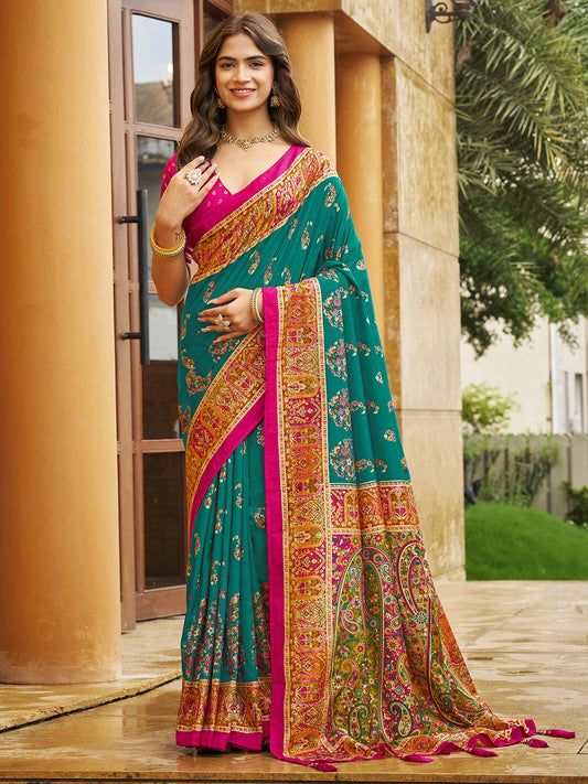 Teal Green Tussar Silk Saree