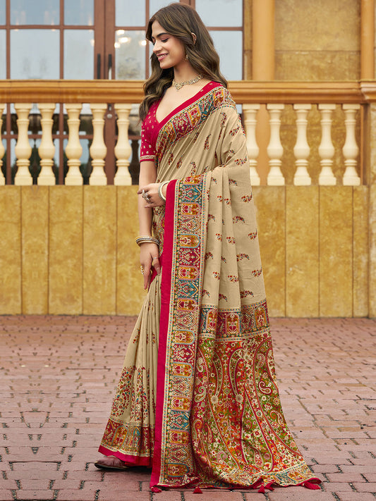 Beige Tussar Silk Foil Printed Saree