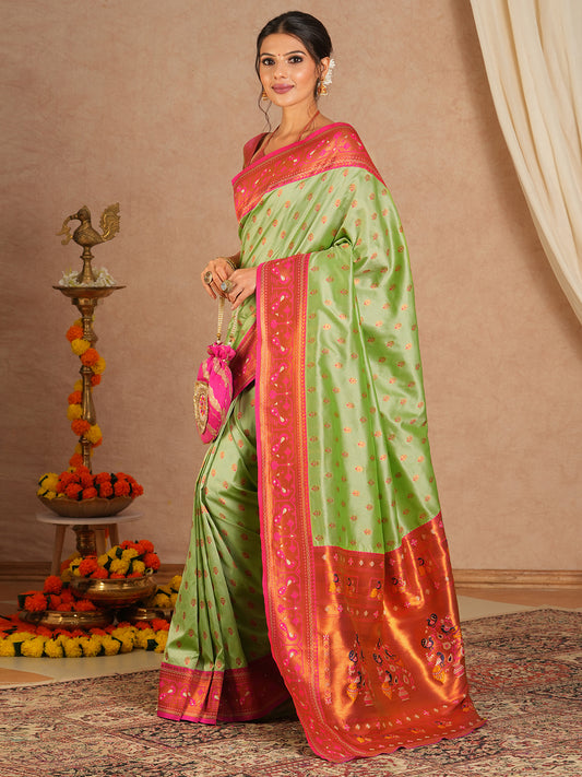 Pista Green Paithani Silk Saree with Pink Meenakari Border