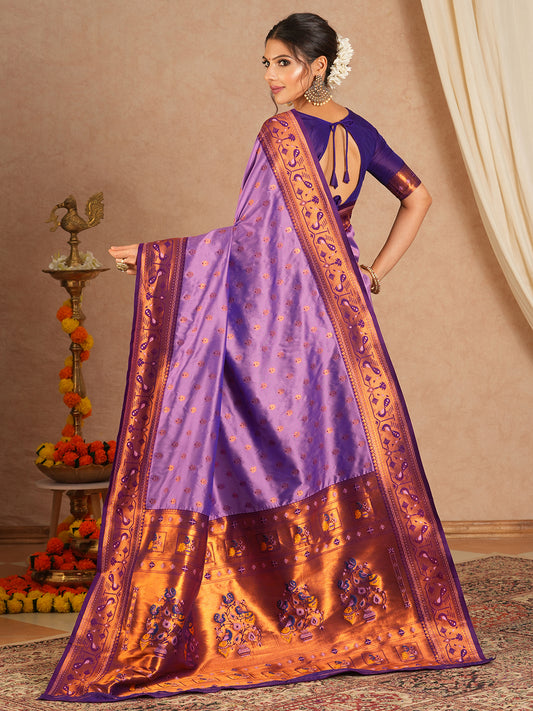Lavender Paithani Silk Saree with Zari Border