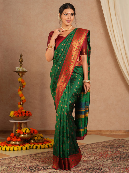 Bottle Green & Maroon Banarasi Silk Blend Saree