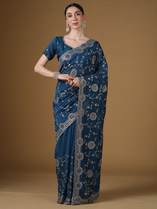 Teal Blue Georgette Saree with Scalloped Border