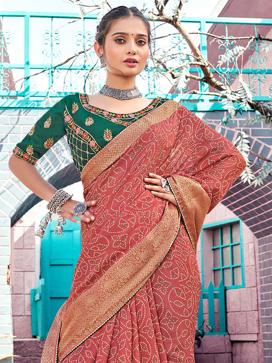 Pink & Red Bandhani Print Georgette Zari Border Embroidered Blouse Saree