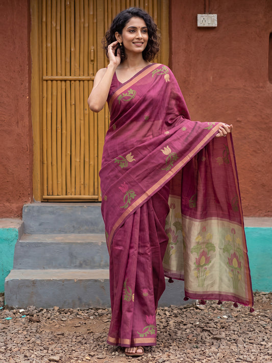 Magenta Lotus Zari Motifs Cotton Saree