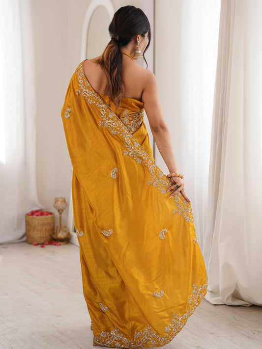 Mustard Yellow Georgette Saree with Scalloped Embroidery