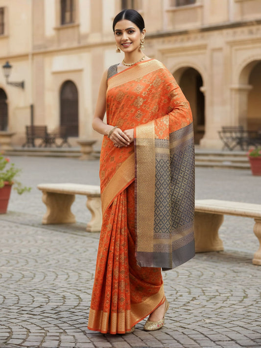 Vibrant Orange Banarasi Organza Saree with All-Over Gold Zari Weave & Slate Blue Contrast Pallu