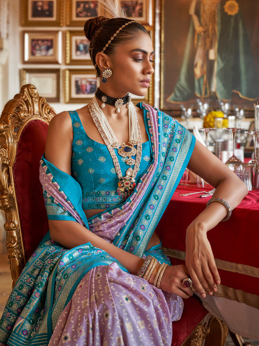 Lavender & Teal Foil Print Blue Saree
