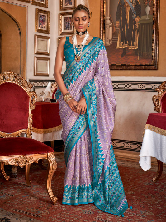 Lavender & Teal Foil Print Blue Saree