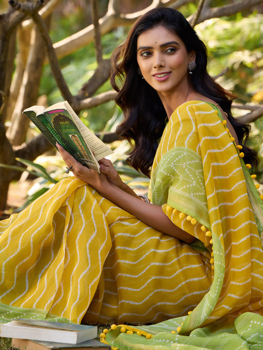 Sunshine Yellow & Lime Green Two-Tone Cotton Saree