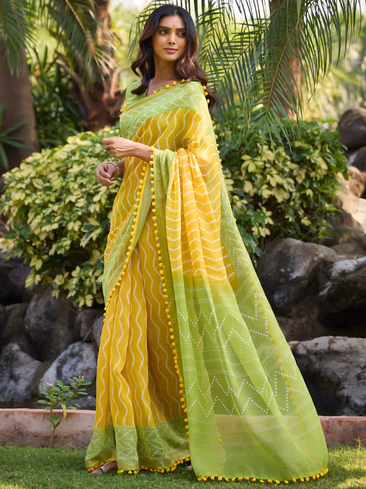 Sunshine Yellow & Lime Green Two-Tone Cotton Saree