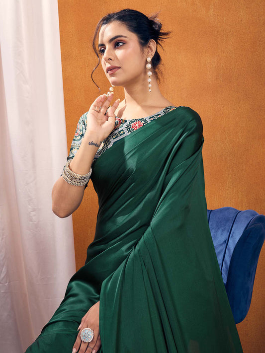 Royal Emerald Green Satin-Silk Saree with Ajrakh-Inspired Pallu & Printed Blouse