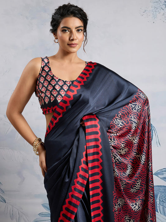 Midnight Black Satin Digital Print Saree