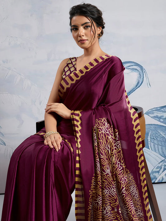 Deep Wine Satin crape Saree