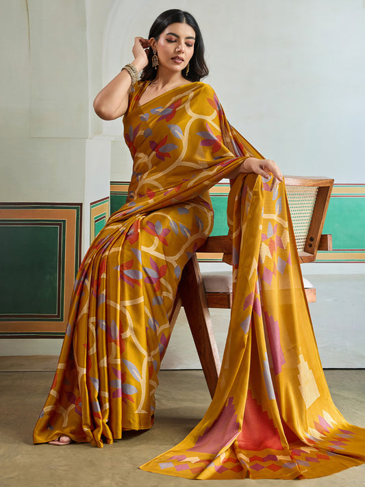 Mustard Yellow Satin Crepe Saree