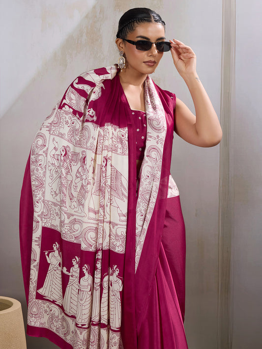 Deep Magenta Satin Silk Saree with Kalamkari Print Pallu