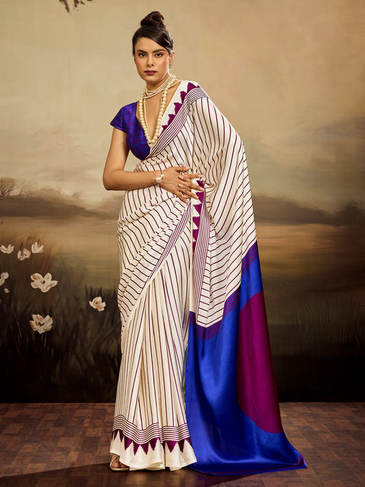 Off-White & Purple Striped Ikat Silk Saree
