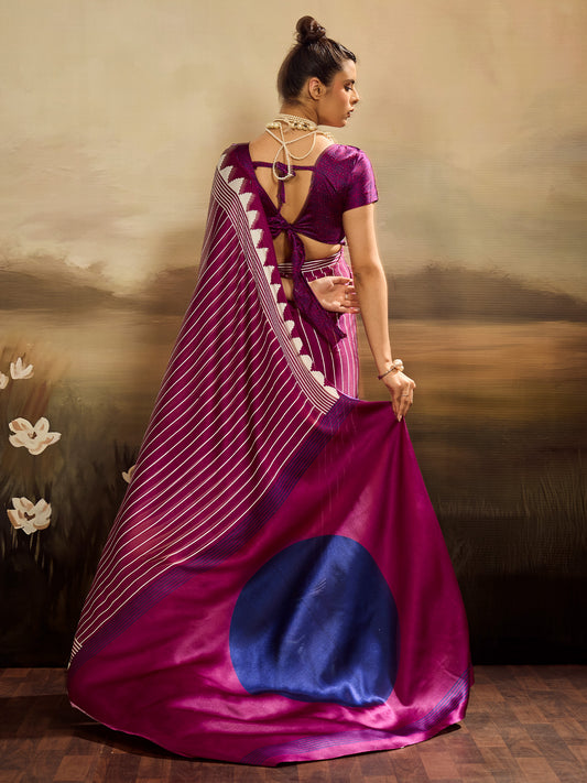 Magentap & White Striped Ikat Silk Saree