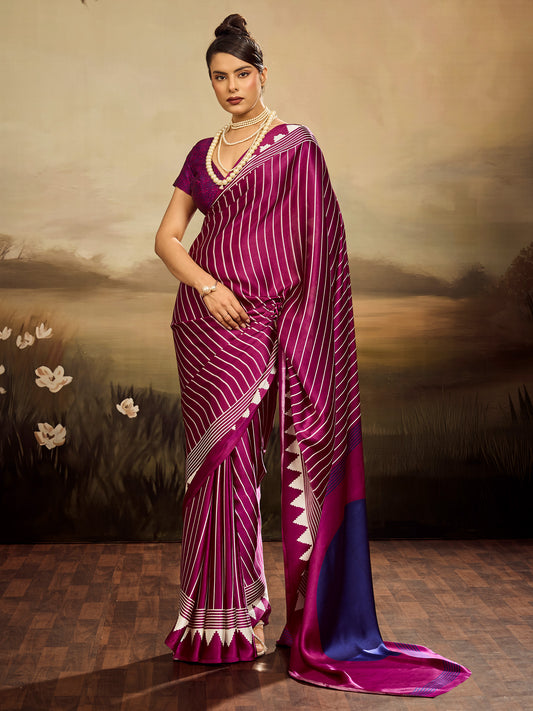 Magentap & White Striped Ikat Silk Saree
