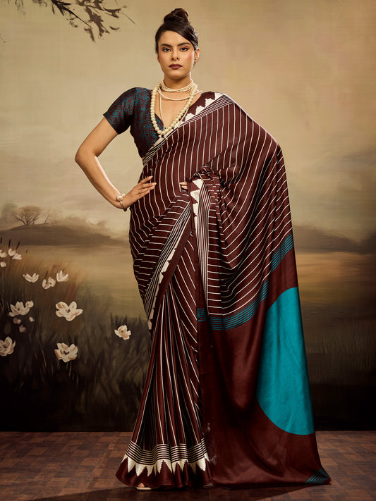 Coffee Brown & White Striped Ikat Silk Saree