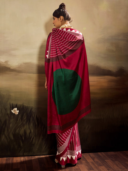 Maroon and White Striped Ikat Silk Saree