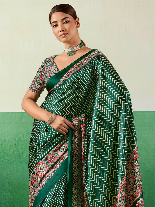 Green Satin Ajrakh Print Saree
