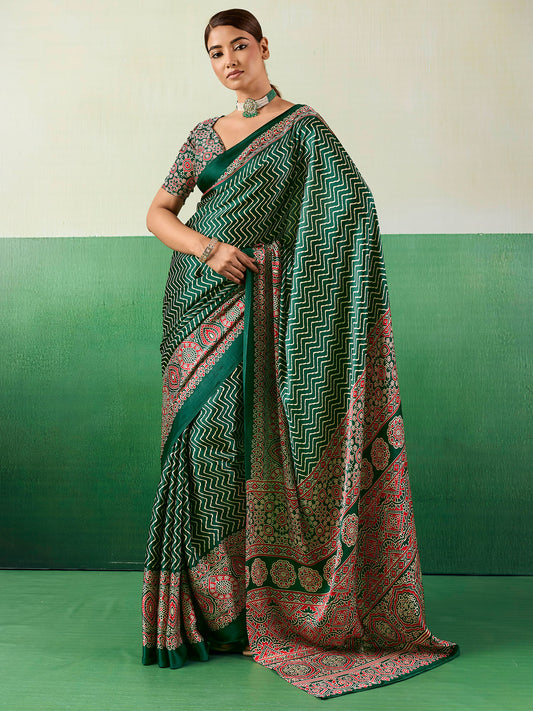 Green Satin Ajrakh Print Saree