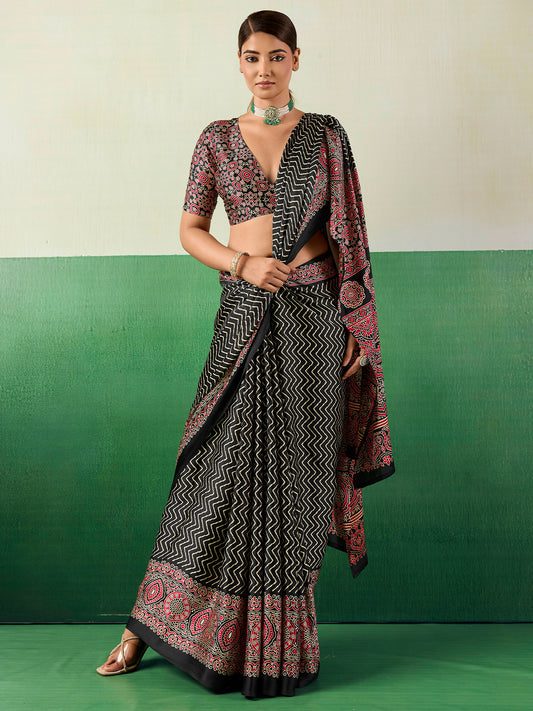 Black Satin Ajrakh Print Saree