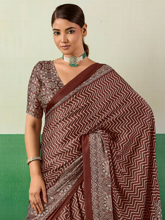 Coffee Brown Block Printed Saree