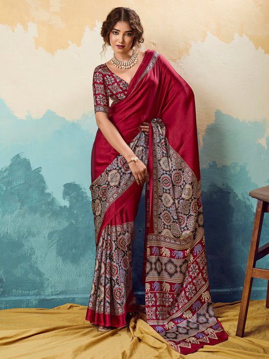 Maroon Ajrakh Printed Saree