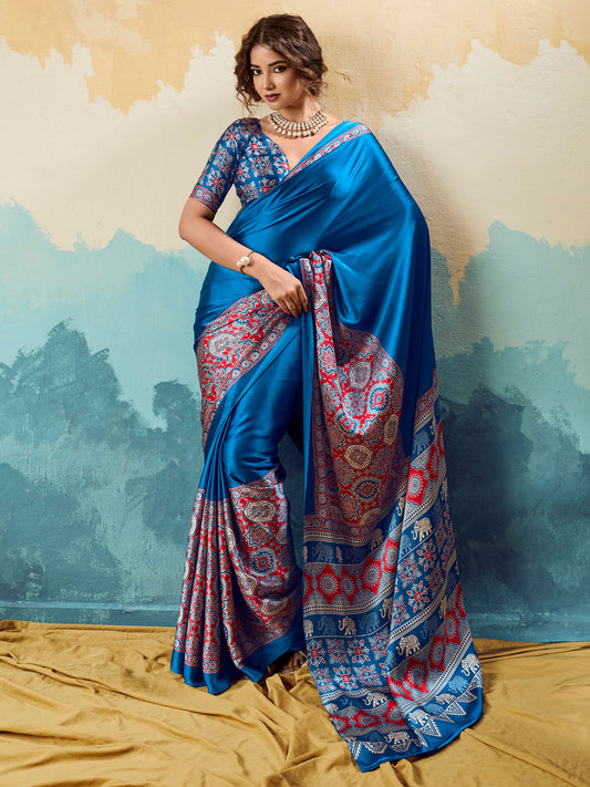 Blue Satin Ajrakh Printed Saree