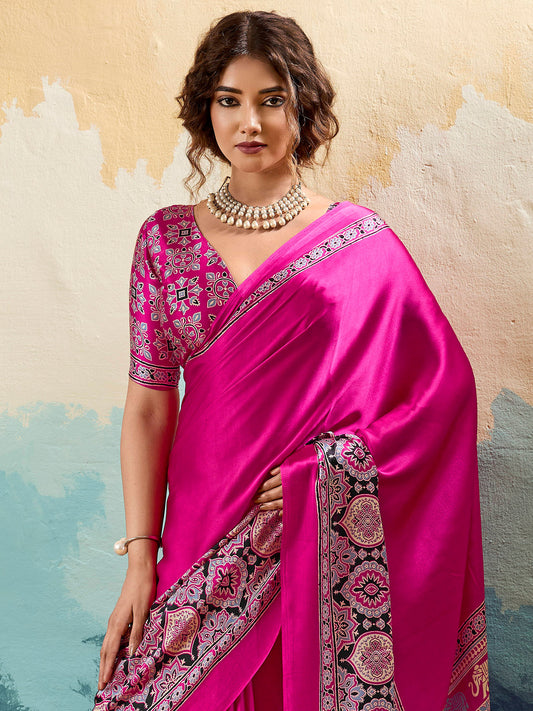 Pink Satin Ajrakh Printed Saree