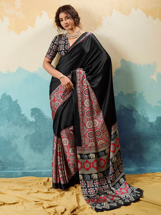 Black Satin Ajrakh Printed Saree